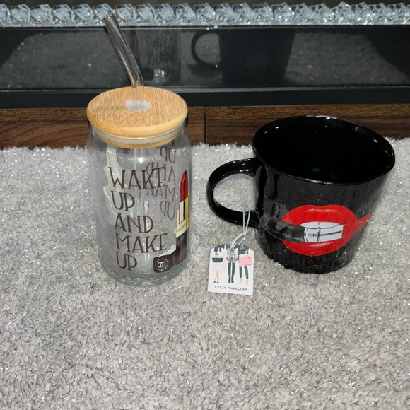 Wake up and Makeup glass w lid and glass straw with Lipstick-mug set! - Picture 1 of 6